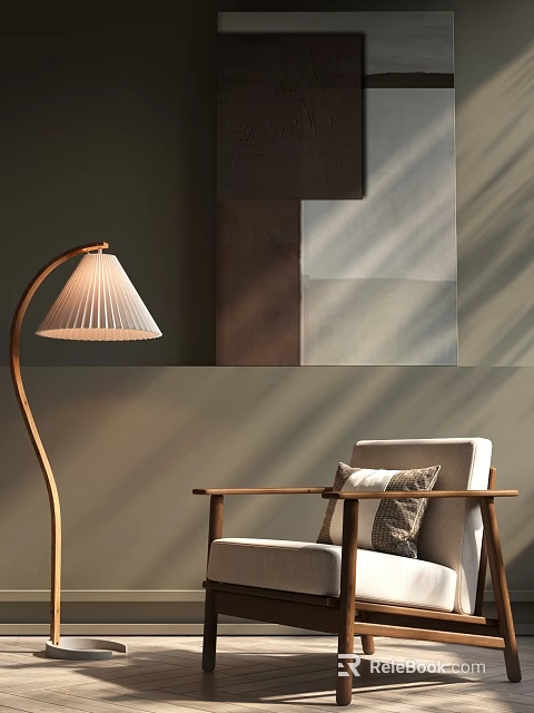 Cozy Leisure Chair With Wooden Armrests Beige Cushion And Floor Lamp Near Geometric Wall Art 3d model 