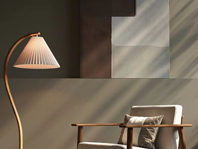 Cozy Leisure Chair With Wooden Armrests Beige Cushion And Floor Lamp Near Geometric Wall Art 3d model