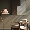 Cozy Leisure Chair With Wooden Armrests Beige Cushion And Floor Lamp Near Geometric Wall Art