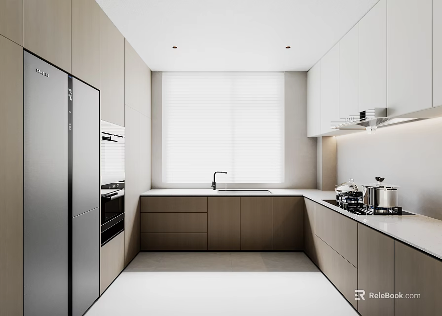 Modern Kitchen Interior With Light Colored Cabinets Stainless Steel Appliances And Window Blinds 3d model 