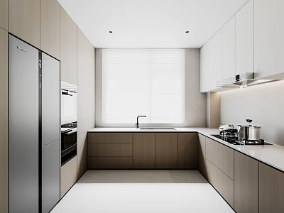 Modern Kitchen Interior With Light Colored Cabinets Stainless Steel Appliances And Window Blinds 3d model