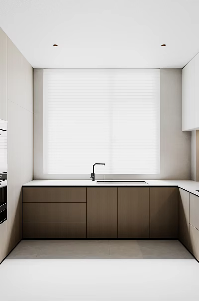 Modern Kitchen Interior With Light Colored Cabinets Stainless Steel Appliances And Window Blinds 3d model