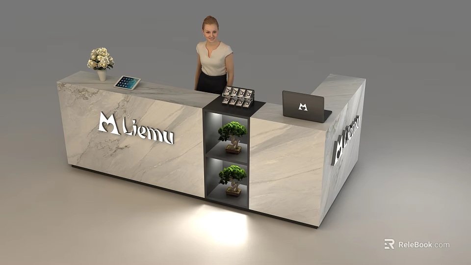 Elegant Marble Reception Desk With Liemu Logo Tablet Laptop Flower Small Plants And Receptionist Standing 3d model 
