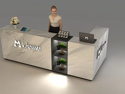 Elegant Marble Reception Desk With Liemu Logo Tablet Laptop Flower Small Plants And Receptionist Standing 3d model