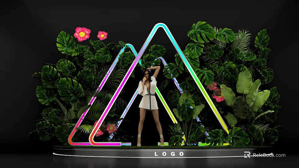 Photo Check-in Spot With Bright Neon Triangles Green Foliage And Pink Flowers 3d model 