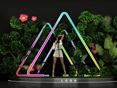 Photo Check-in Spot With Bright Neon Triangles Green Foliage And Pink Flowers 3d model