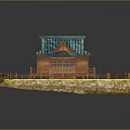 Japanese Style Wooden House With Blue Tiled Roof And Fenced Grass Yard On Stone Base