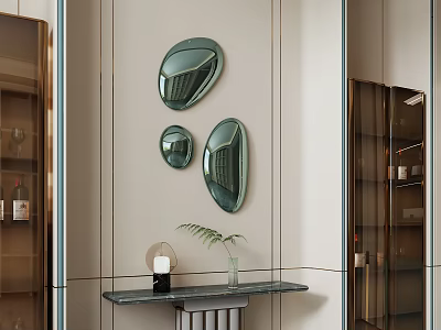 Stylish Console Table with Three Oval Mirrors on Wall and Green Plant in Vase 3d model