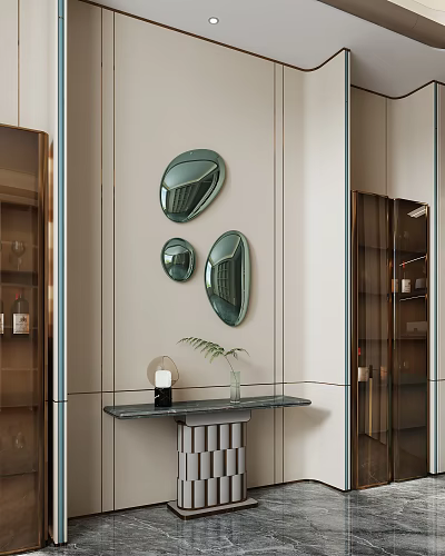 Stylish Console Table with Three Oval Mirrors on Wall and Green Plant in Vase 3d model