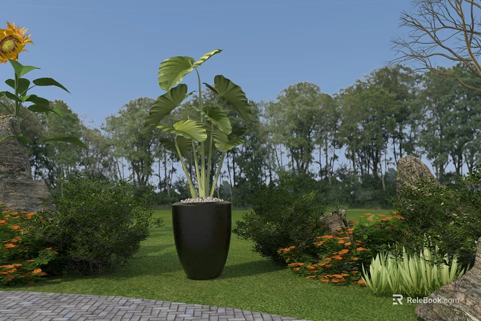 Large Leaf Plant in Black Pot With Green Lawn Bushes Orange Flowers and Trees 3d model 
