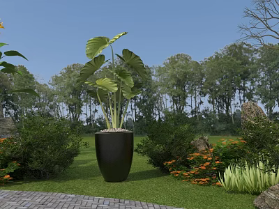 Large Leaf Plant in Black Pot With Green Lawn Bushes Orange Flowers and Trees 3d model