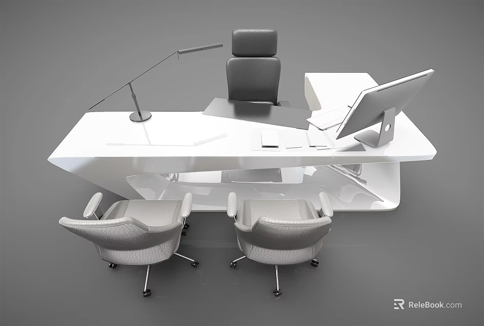 Modern White Office Desk With Desk Lamp Computer Monitor Black Chair And Two Gray Chairs 3d model 