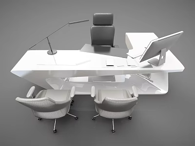 Modern White Office Desk With Desk Lamp Computer Monitor Black Chair And Two Gray Chairs 3d model