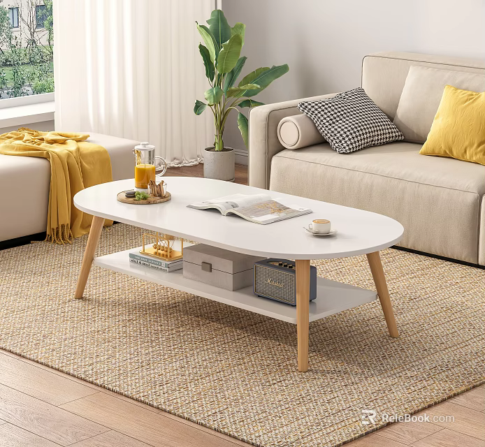 Oval Two Tier Coffee Table With Open Magazine Cup Tray Books Boxes Beige Sofa Plant 3d model 
