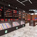 Modern Tobacco and Alcohol Store Interior with Shelves Display Cabinets and Chinese Style Decoration