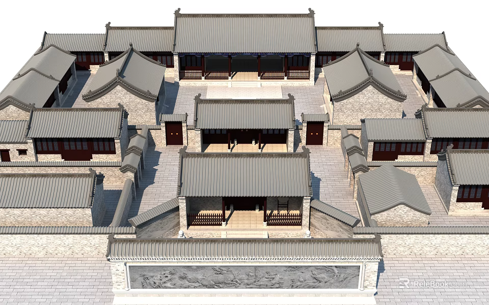 Ancient Architecture With Courtyard Layout Multiple Gray Tiled Roofs And Overhanging Eaves 3d model