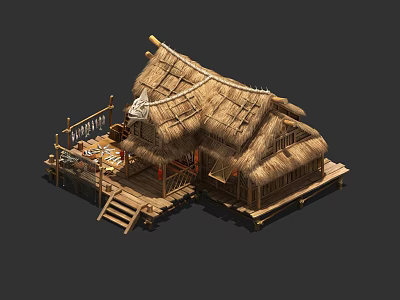 Rustic Wooden House With Thatch Roof And Wooden Balcony Stairs Railing 3d model