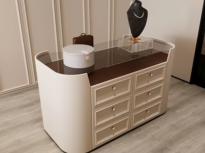 Modern Beige Jewelry Cabinet With Glass Top Drawers White Box And Black Sculpture 3d model