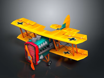 Yellow Vintage Biplane Toy Model With Black Cross Wings And Red Blue Engine 3d model