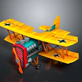 Yellow Vintage Biplane Toy Model With Black Cross Wings And Red Blue Engine 3d model