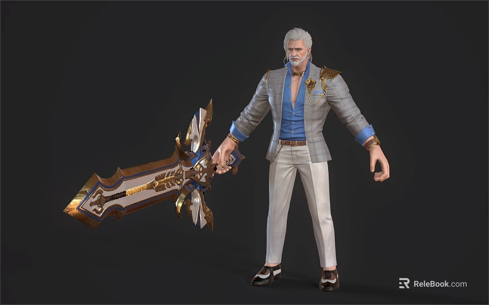 White Haired Game and Movie Character in Gray Suit Blue Shirt Holding Ornate Large Sword 3d model 