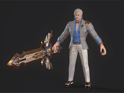 White Haired Game and Movie Character in Gray Suit Blue Shirt Holding Ornate Large Sword 3d model