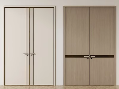Modern Double Doors With Light Colored And Wooden Panel Design And Metal Handles 3d model