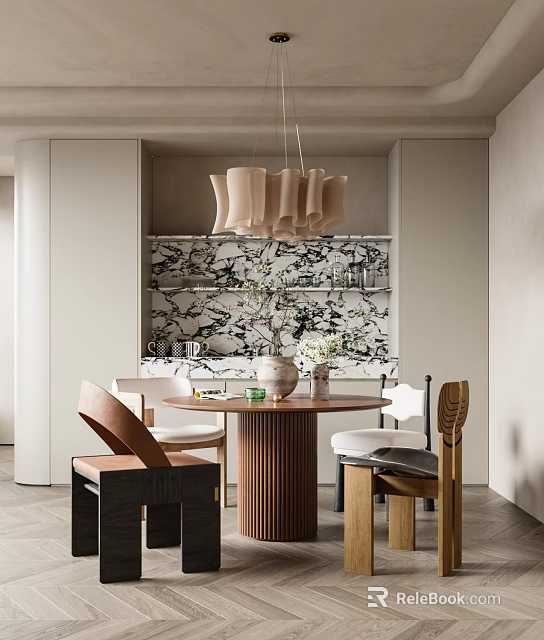 Modern Restaurant Interior With Round Wooden Table Stylish Chairs Pendant Light And Marble Backsplash 3d model 