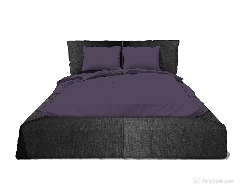 Stylish Double Bed With Dark Gray Frame Purple Bedspread And Pillows 3d model