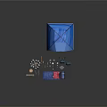Blue Camping Tent Setup With Firewood Cups Water Bottle Backpacks And Sleeping Bag