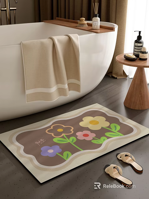 Bathtub in Cozy Bathroom with Floral Bath Mat and Side Table 3d model 