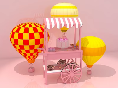 Tea Break Area With Pink Cart Striped Awning Cake And Colorful Hot Air Balloons 3d model