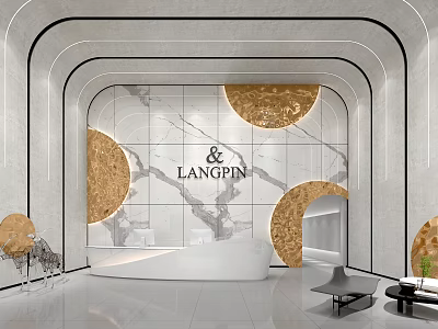 Modern Reception Area Design With Marble Wall Golden Circular Decorations And White Desk 3d model