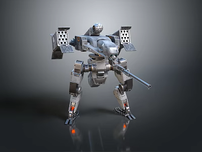 Game Movie Character Futuristic Metallic Mech Robot With Rifle Weapon In Combat Stance Shiny Armor 3d model
