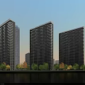 Tall Modern Residential Buildings Waterfront with Trees and Blue Sky View