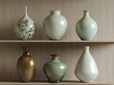 Various Decorative Vases in Different Colors and Shapes on Wooden Shelf 3d model