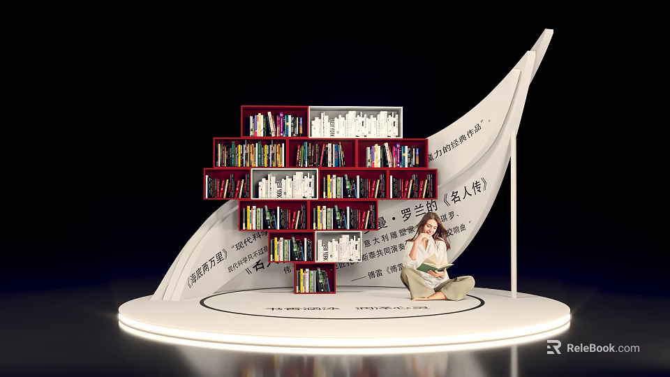 Popular Photo Check in Spot With Red Bookshelves Book Page Design And Woman Reading 3d model 