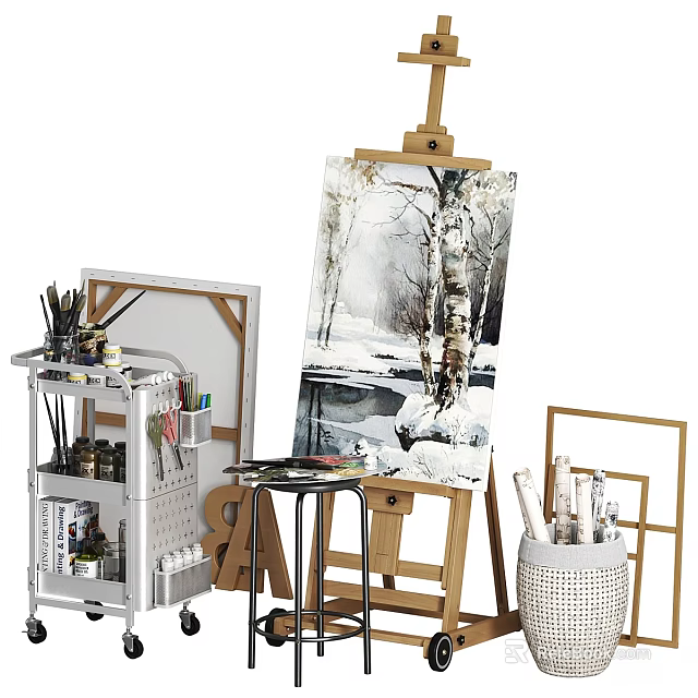 Creative Decorative Ornament Set With Wooden Easel Winter Tree Painting Art Brushes And Storage Rack 3d model 