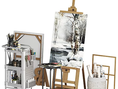 Creative Decorative Ornament Set With Wooden Easel Winter Tree Painting Art Brushes And Storage Rack 3d model