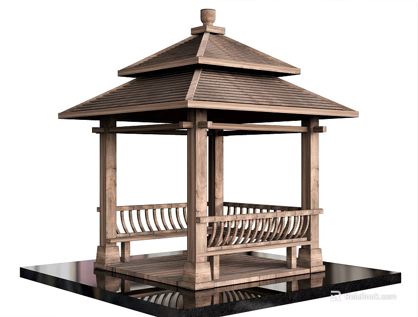 Wooden Pavilion With Multi Tiered Roof Railing And Black Base Platform 3d model 