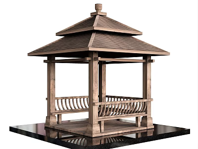 Wooden Pavilion With Multi Tiered Roof Railing And Black Base Platform 3d model