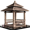 Wooden Pavilion With Multi Tiered Roof Railing And Black Base Platform