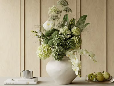 Elegant White Vase With Mixed Flowers Green Foliage And White Blooms On Wooden Table 3d model