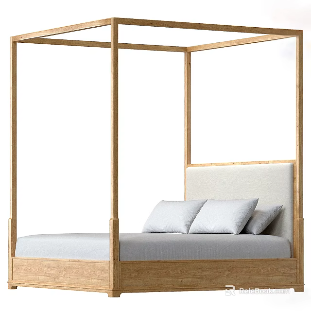 Wooden Frame Background Double Bed With Light Pillows And Modern Design 3d model 