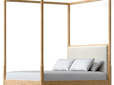 Wooden Frame Background Double Bed With Light Pillows And Modern Design 3d model