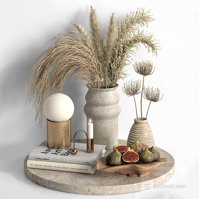 Decorative Ornament Set With Dried Pampas Grass Ceramic Vases Stacked Books Fresh Figs White Sphere 3d model 