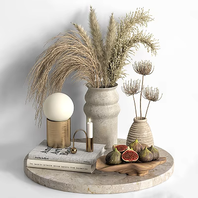 Decorative Ornament Set With Dried Pampas Grass Ceramic Vases Stacked Books Fresh Figs White Sphere 3d model