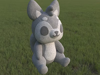 Cute Grey And White Plush Doll With Big Ears Round Eyes Sitting On Green Grass 3d model