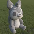 Cute Grey And White Plush Doll With Big Ears Round Eyes Sitting On Green Grass