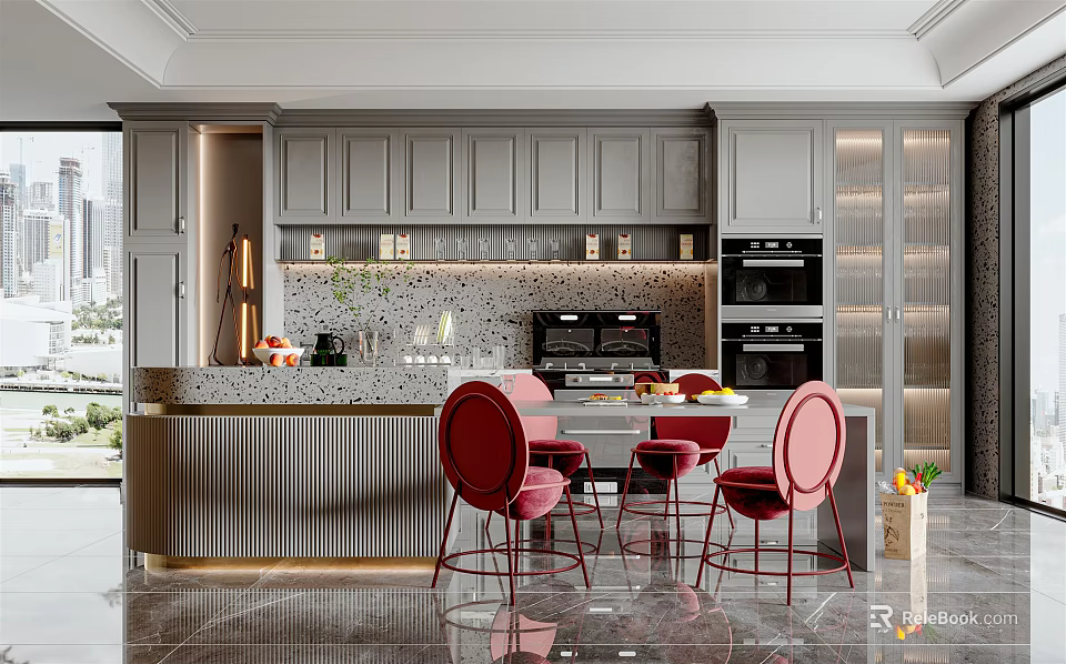 Modern Kitchen Interior With Gray Cabinets Island Counter Red Chairs And Appliances 3d model 